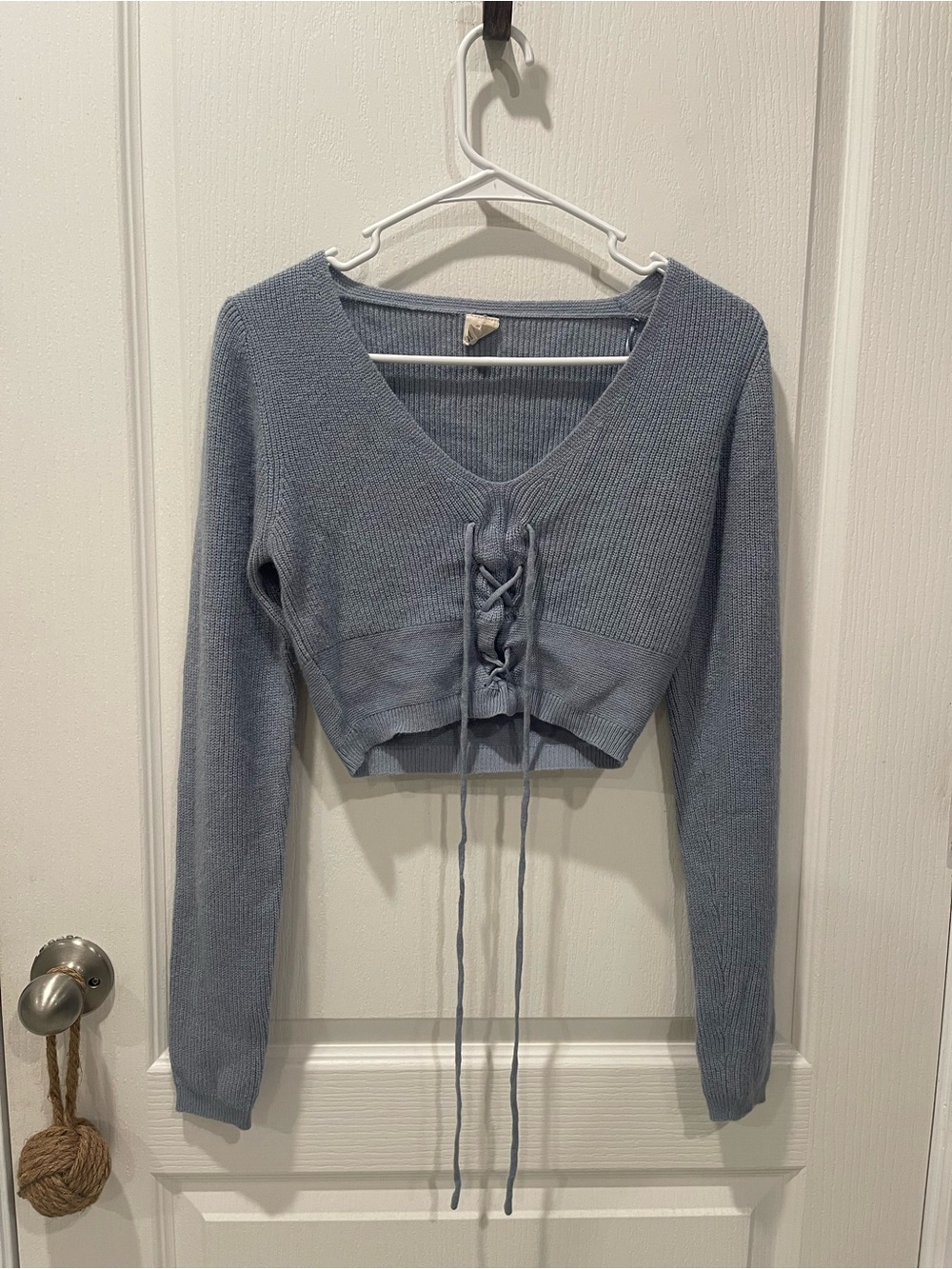 Light Blue Lace-Up V-Neck Cropped Knit Top